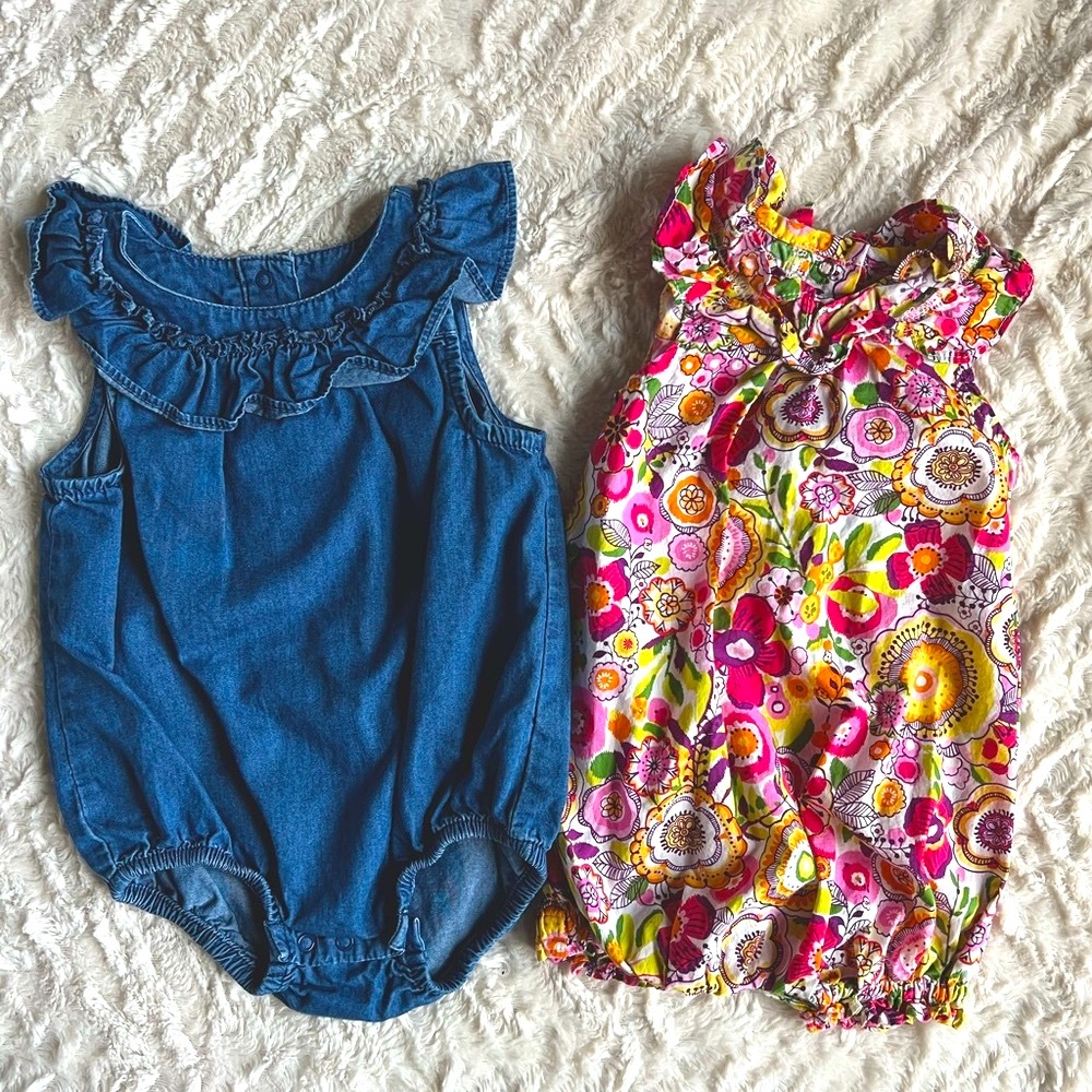 Baby 2pc bundle chambray & colorful print bubble romper set size 3-9 months EUC